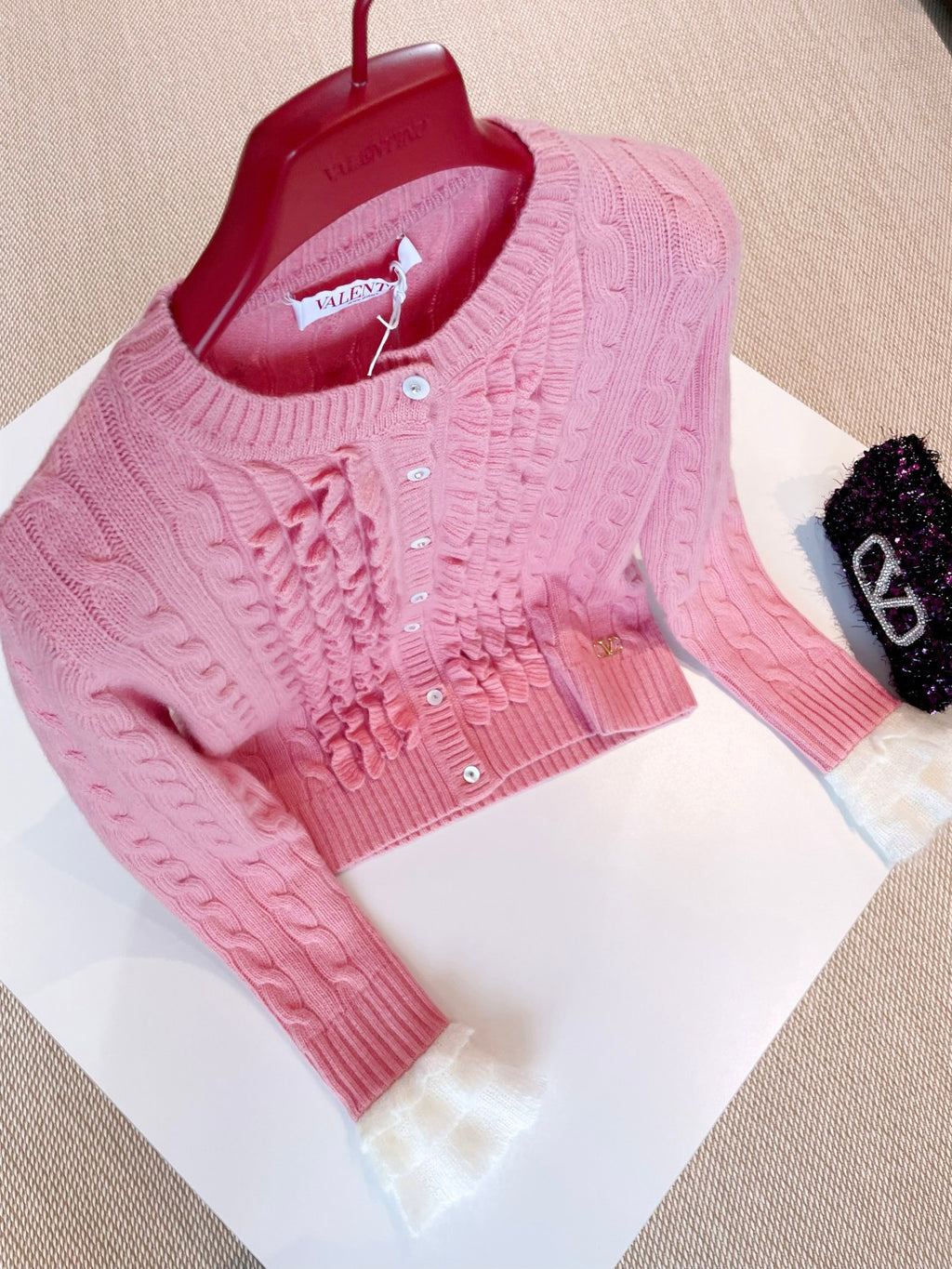 Women's Spring. Autumn And Winter V-Neck Ruffled Solid Color Knitted Sweater Long-Sleeved Cardigan Ngvp #1256