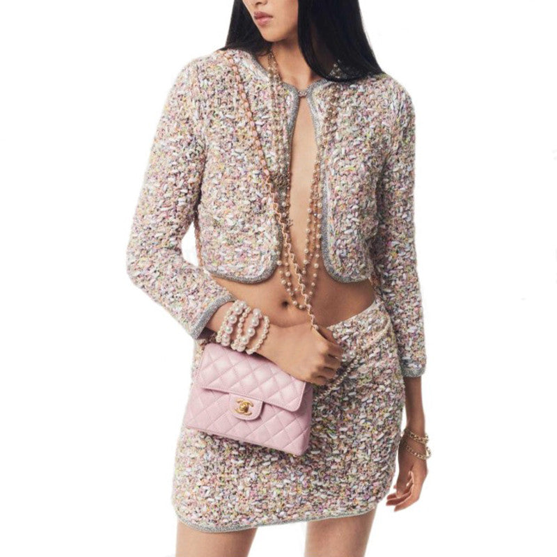 Women's Spring/Autumn Round Neck Rhinestone Trim Color Block Long Sleeve Cardigan Jacket Casual Tweed Stretch Skirt Ngvp #2274