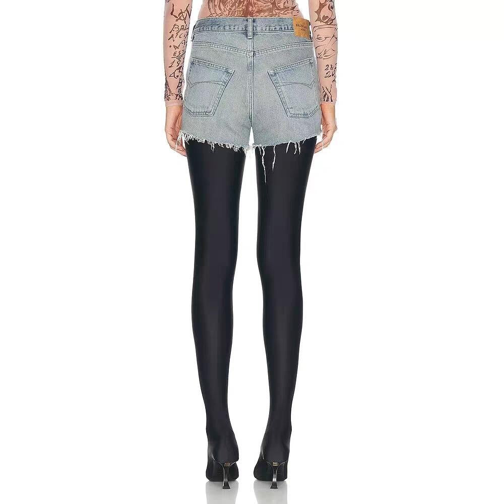 Women's Summer Washed Raw Edge Distressed High Street Blue Mid Waist Denim Mini Shorts Ngvp #8826