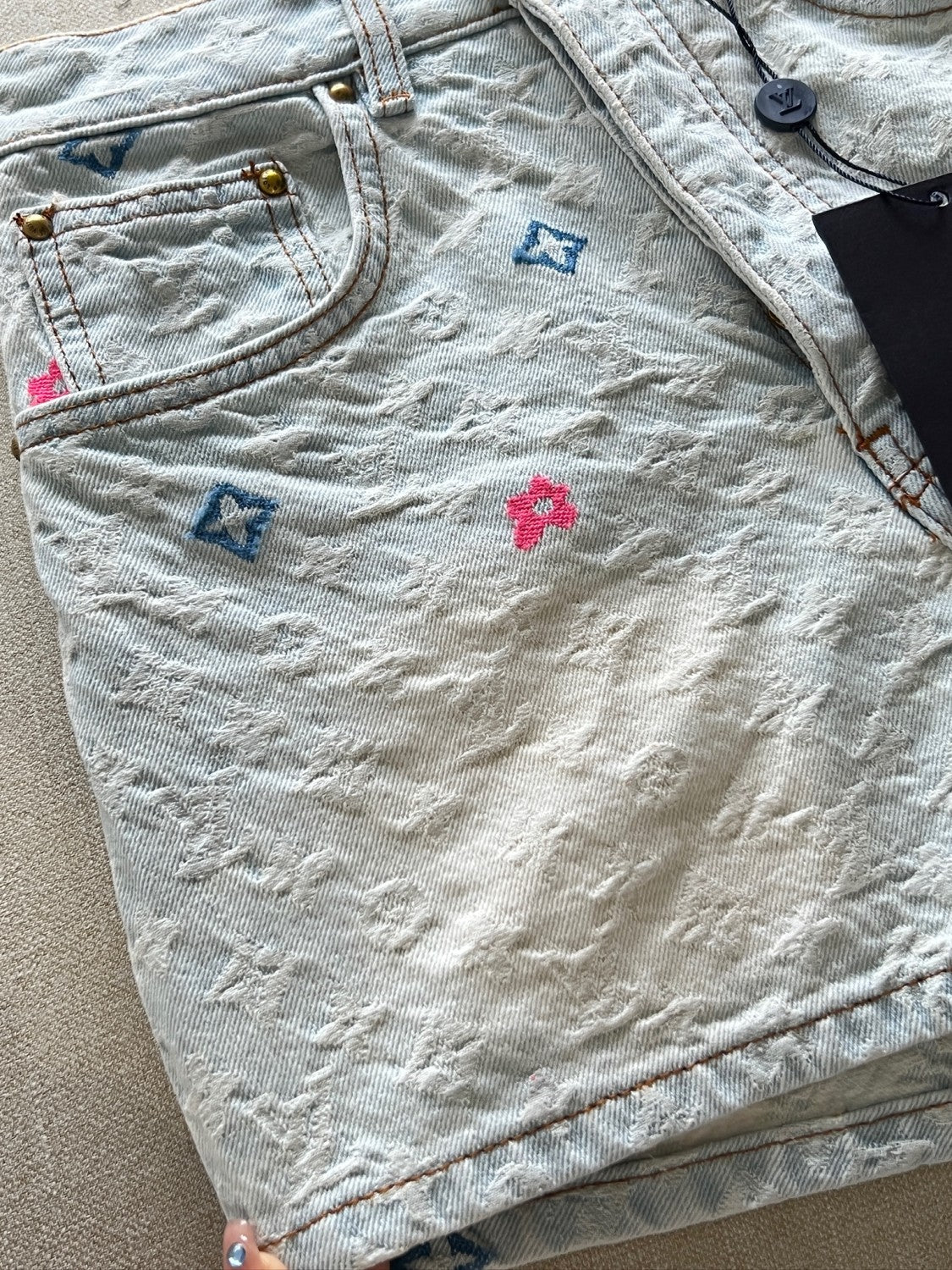 Women's Summer Embroidered Letter Print Solid Color Denim Shorts #75664