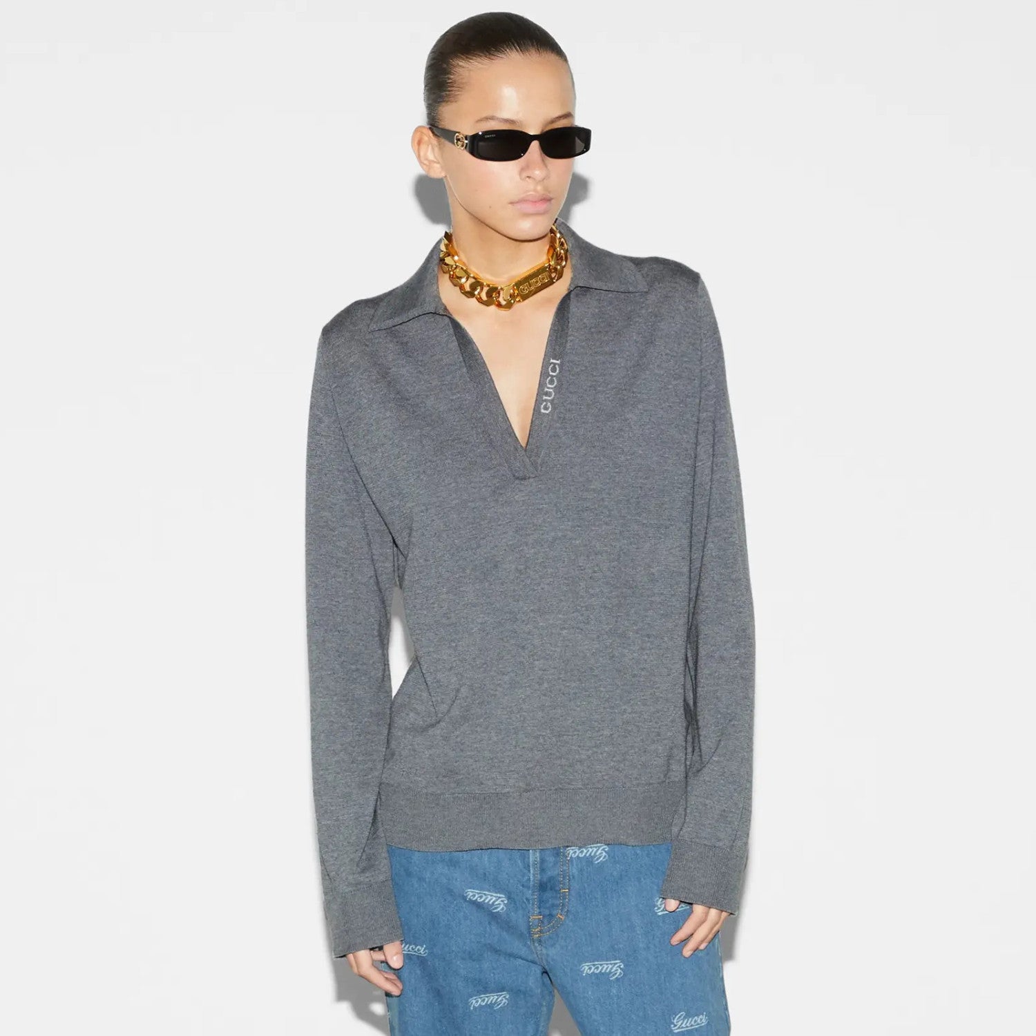 Women's Spring and Autumn Gray Letter V-Neck Loose Wool Long Sleeve Sweater #72845