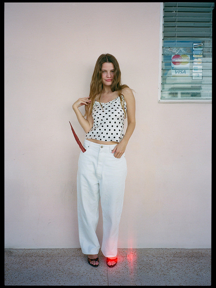 Realisation Par Women's Summer Polka Dot Printed White Round Neck Silk Vest Sleeveless Top Camisole Short Slimming Ngvp #1949