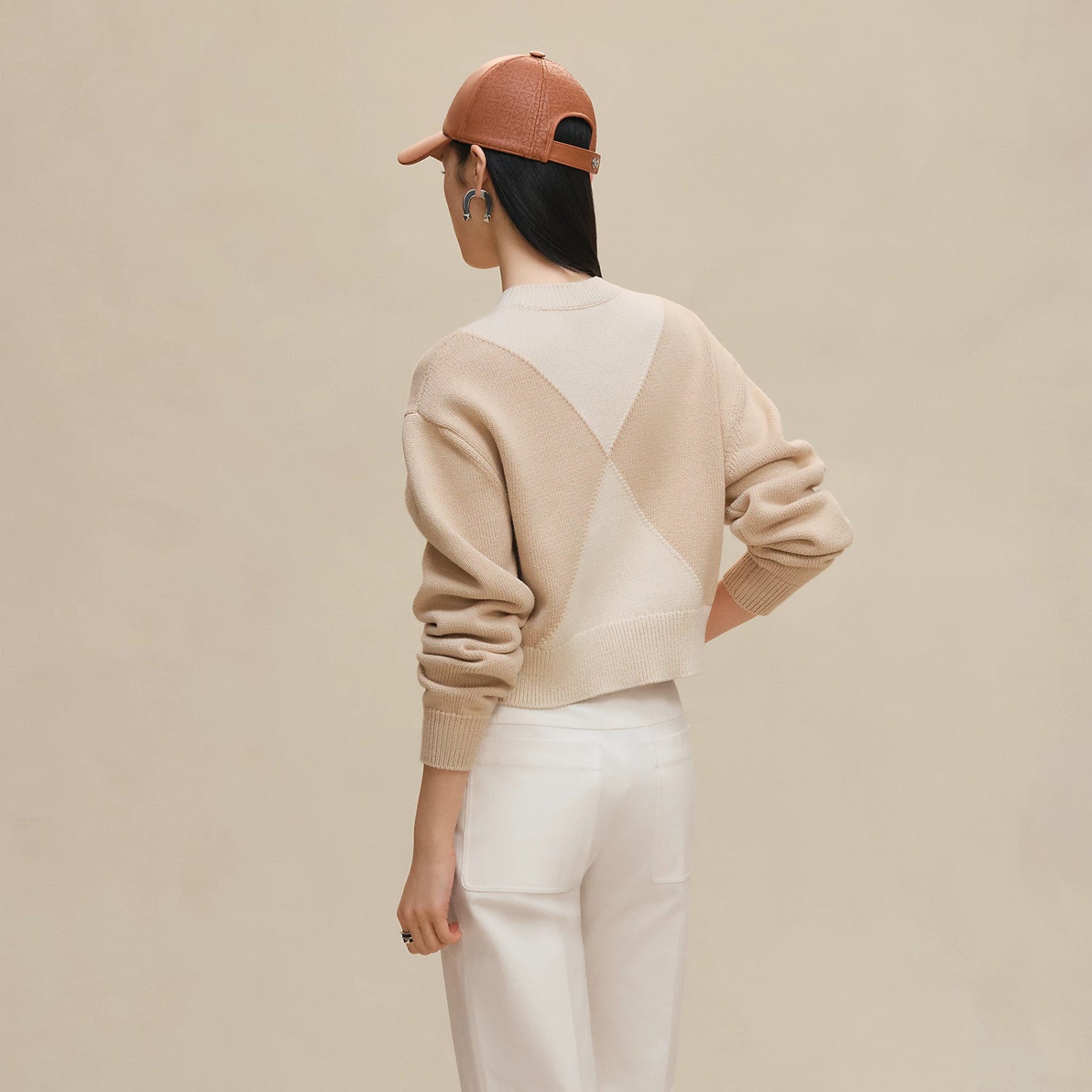 Women's Badge Embroidered Spring. Autumn. And Winter Color-Blocked Round Neck Knitted Cotton Long Sleeve Sweater Ngvp #2134