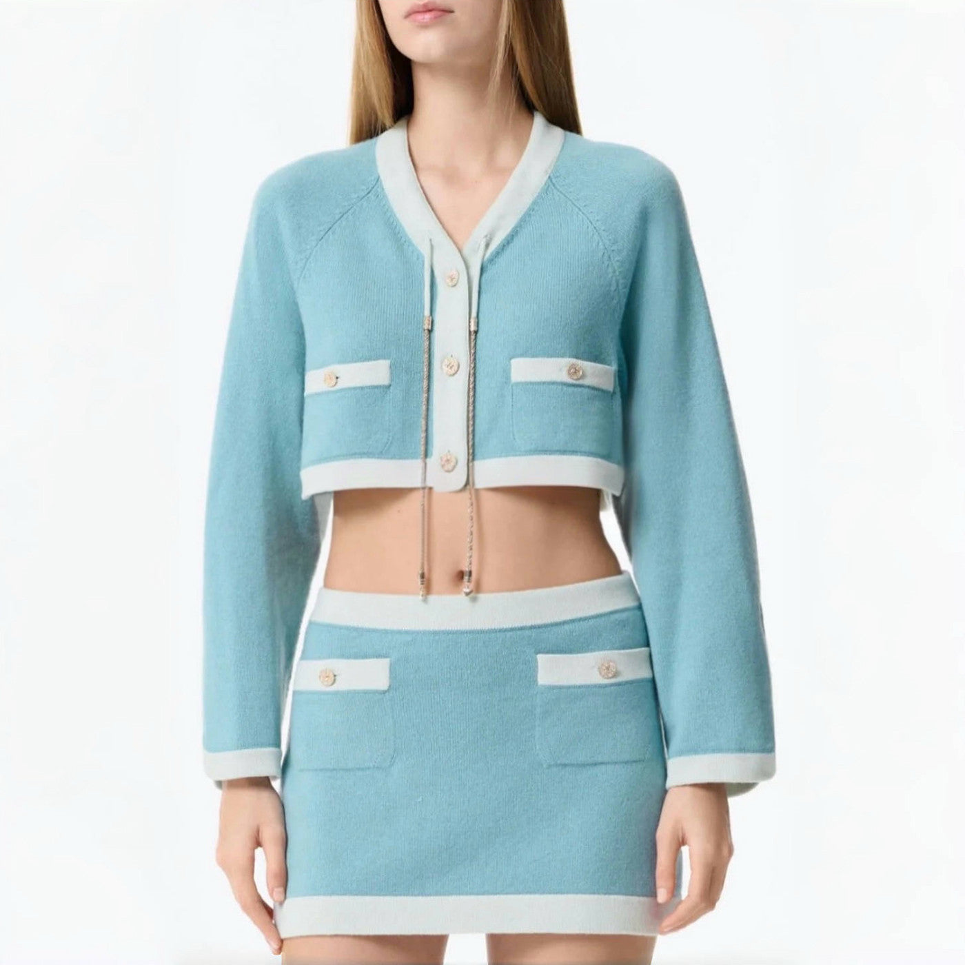 Women's Spring/Autumn Color-Block Single-Breasted Short-Sleeved Long-Sleeved Cashmere Knitted Cardigan Casual Logo Button Multi-Pocket Half-Skirt Ngvp #2282