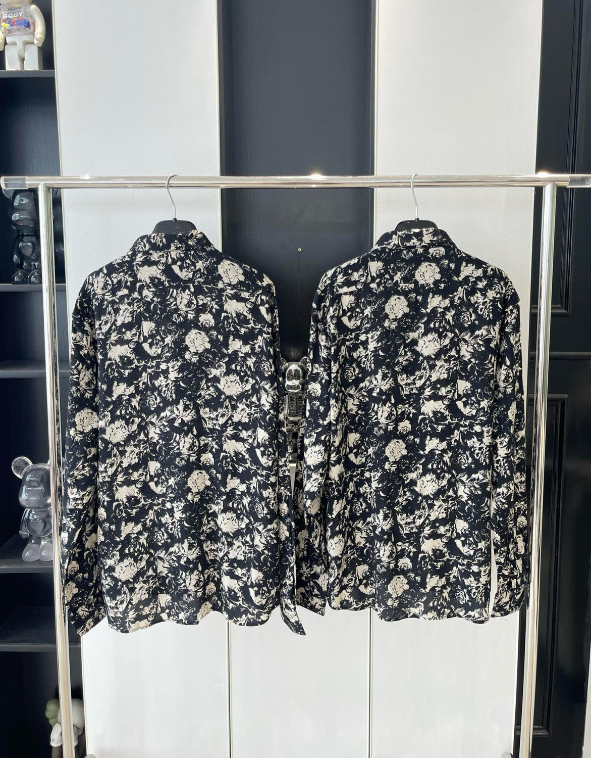 Men's Spring And Fall French Rose Print Single-Breasted Lapel Loose Casual Long-Sleeved Silk Shirt Ngvp #7986