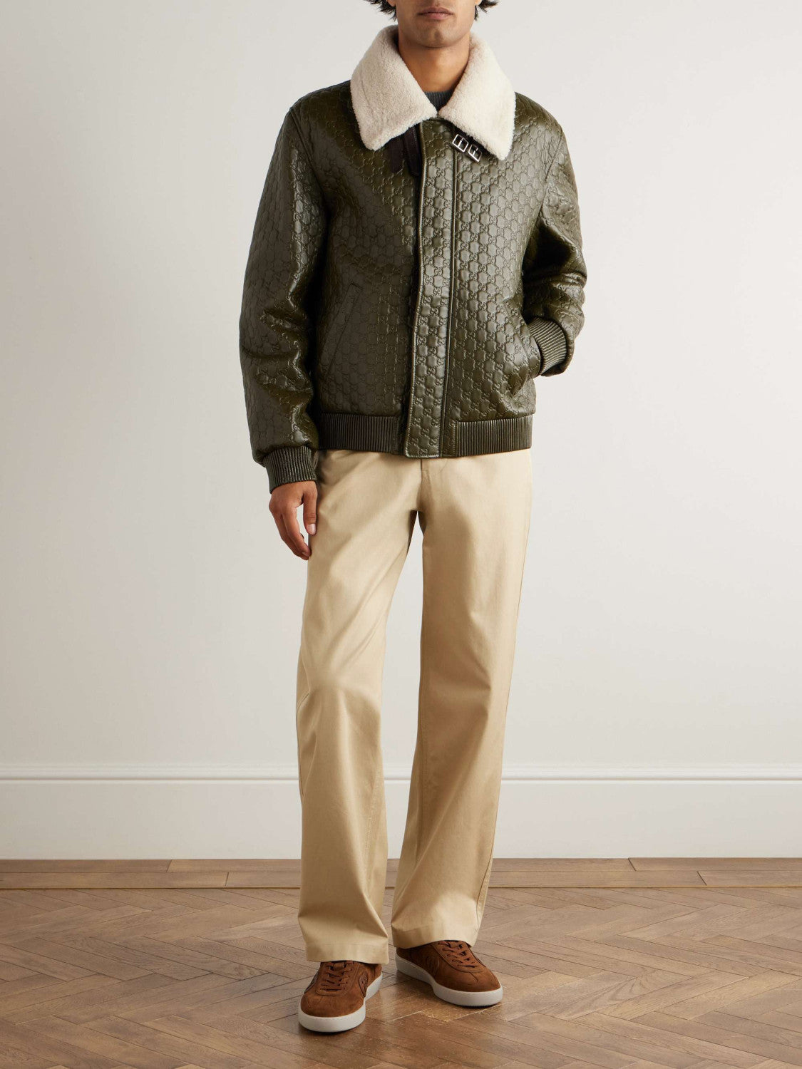 2025 FallWinter New Men's White Lambswool Collar Green Sheepskin Logo Embossed Fashion Jacket #83128A