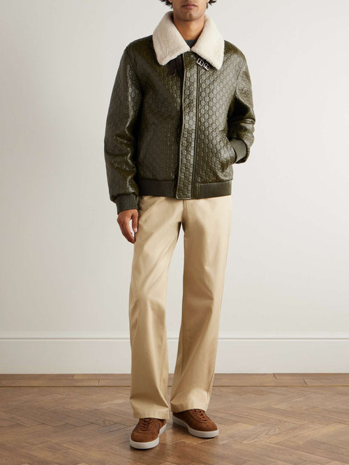 2025 FallWinter New Men's White Lambswool Collar Green Sheepskin Logo Embossed Fashion Jacket #83128A