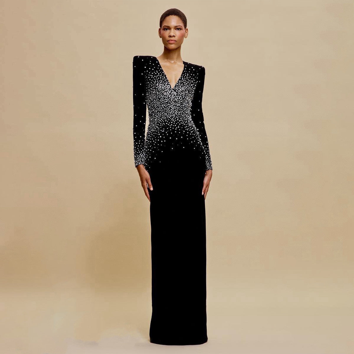 Women's Spring And Autumn Sexy V-neck Fashion Hot Drilling Velvet Long Sleeve Solid Color Dresses Ngvp #1138