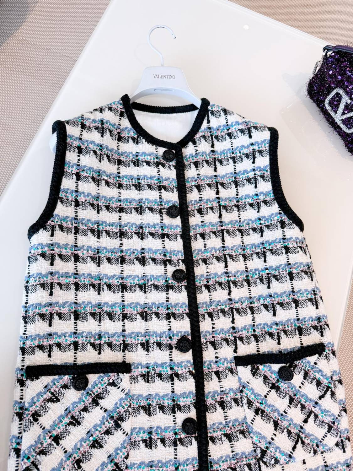 Women's Spring And Winter Tweed Sequins Check Pattern Solid Color Round Neck Single-Breasted Cotton Wool Blend Sleeveless Pocket Vest Ngvp #2111