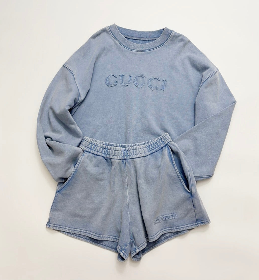 Women's Spring/Summer Solid Color Embroidered Letter Print Round Neck Cotton Long Sleeve Sweatshirt and Casual Stretch Waist Shorts Set Suit #77924