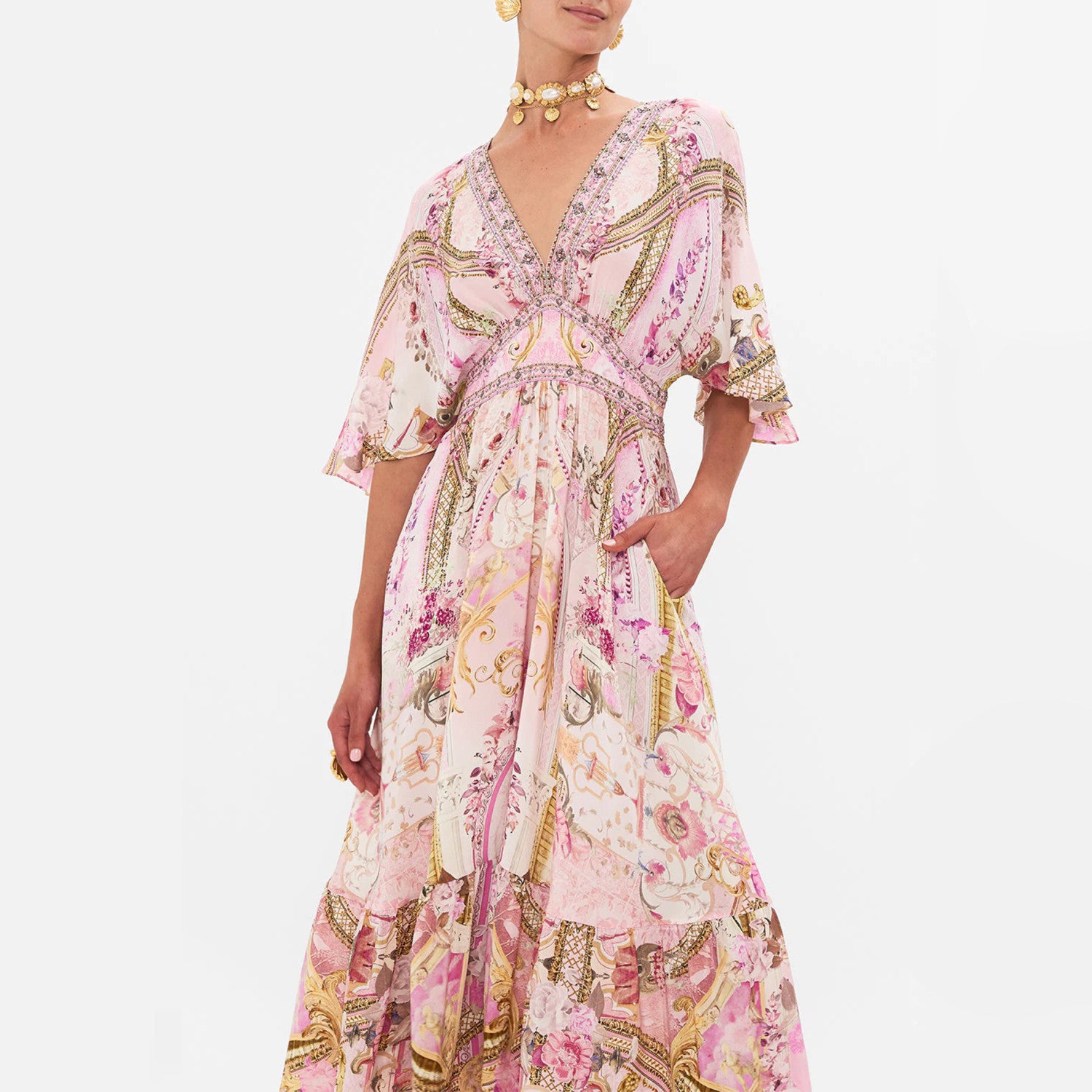 Camilla Women's Summer Fashion Pink Flower Silk Print Bohemian Diamond Slim V-neck Long Sleeve Dresses Ngvp #8783