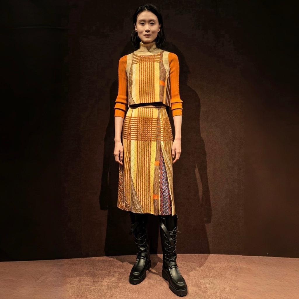 Women's Spring/Summer 2026 Silk printed check pattern Knitted and silk patchwork Shirt dress Suit Set #82539A