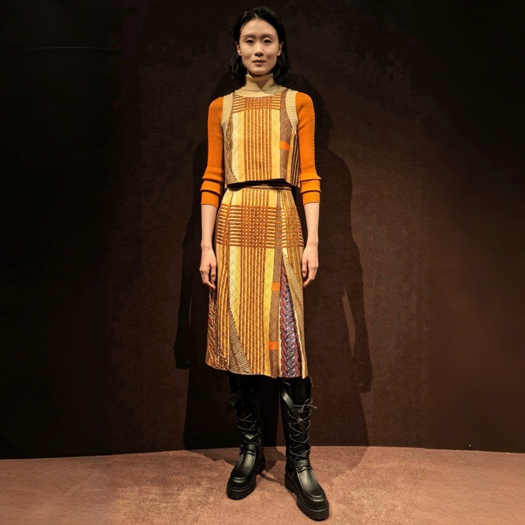 Women's Spring/Summer 2026 Silk printed check pattern Knitted and silk patchwork Shirt dress Suit Set #82539A