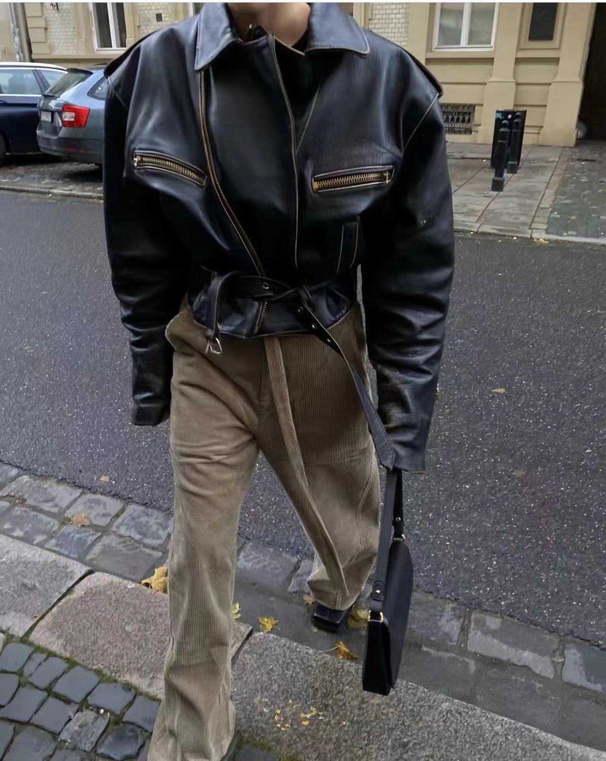 Women's Spring And Autumn Solid Color Fashion Retro Zipper Short Section Long-Sleeved Cowhide Jacket Coat Ngvp #8134