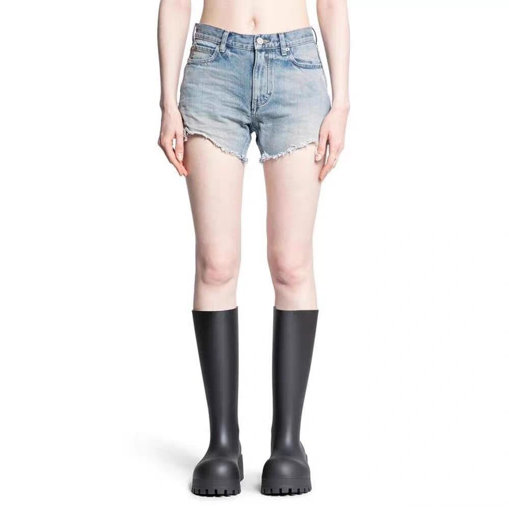 Women's Summer Washed Raw Edge Distressed High Street Blue Mid Waist Denim Mini Shorts Ngvp #8826