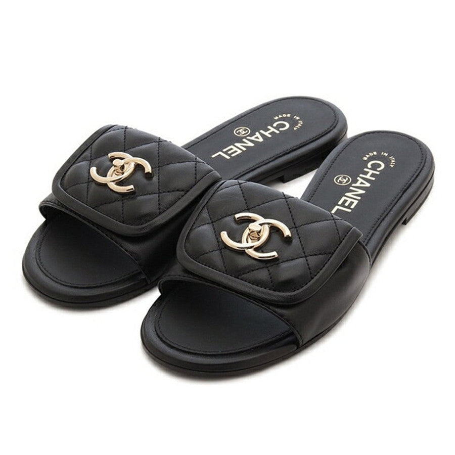 CC Women's Summer Sheepskin Low Heel Flat Slippers Pure Color Open Toe One Word Slippers Casual Loafers Leather Shoes #81351