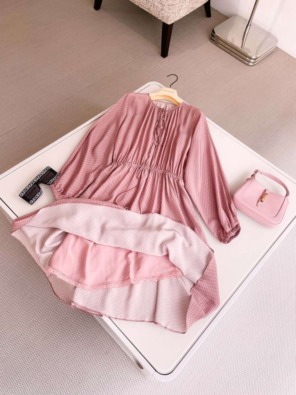 Women's Summer Pink All Over Logo Printed Silk Tunic Long Sleeve Dresses #72483