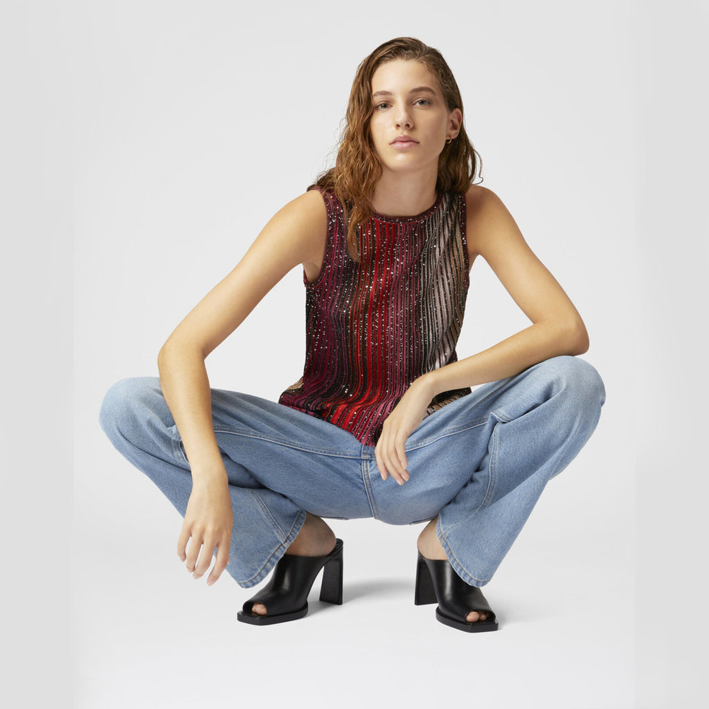 Missoni Women's Spring And Summer Fashion Elegant Colorful Striped Golden Silk Knit Clashing Sleeveless Vest T-shirt Casual Pants Set Suit Ngvp #1758