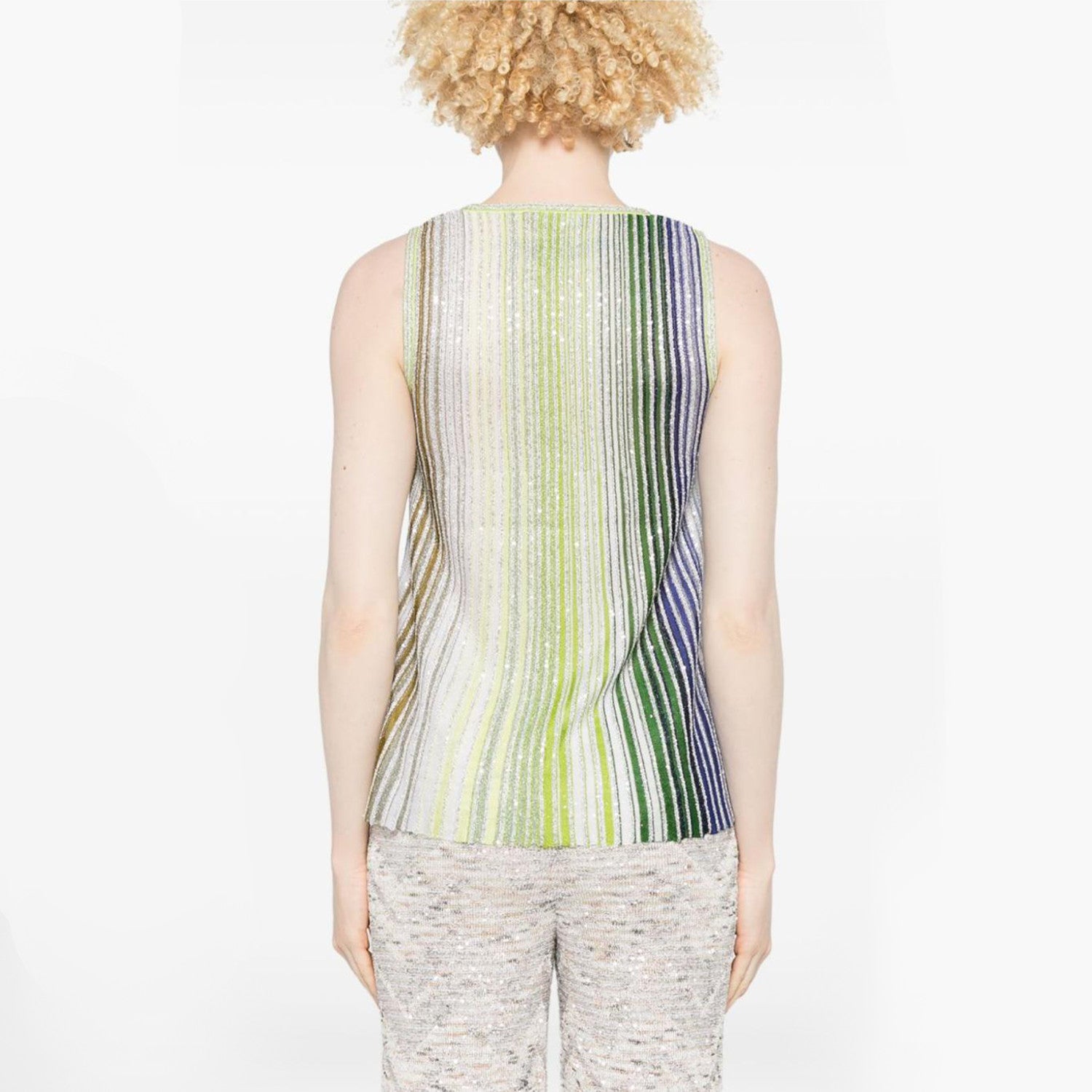 Missoni Women's Spring And Summer Fashion Elegant Colorful Striped Golden Silk Knit Clashing Sleeveless Vest T-shirt Casual Pants Set Suit Ngvp #1758