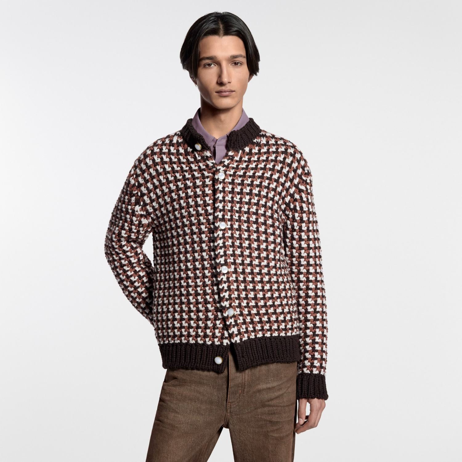Men's Early Spring Houndstooth Chunky Knit Wool Cardigan Retro Elegant Color-Blocked Zipper Knit Cardigan Jacket #194500