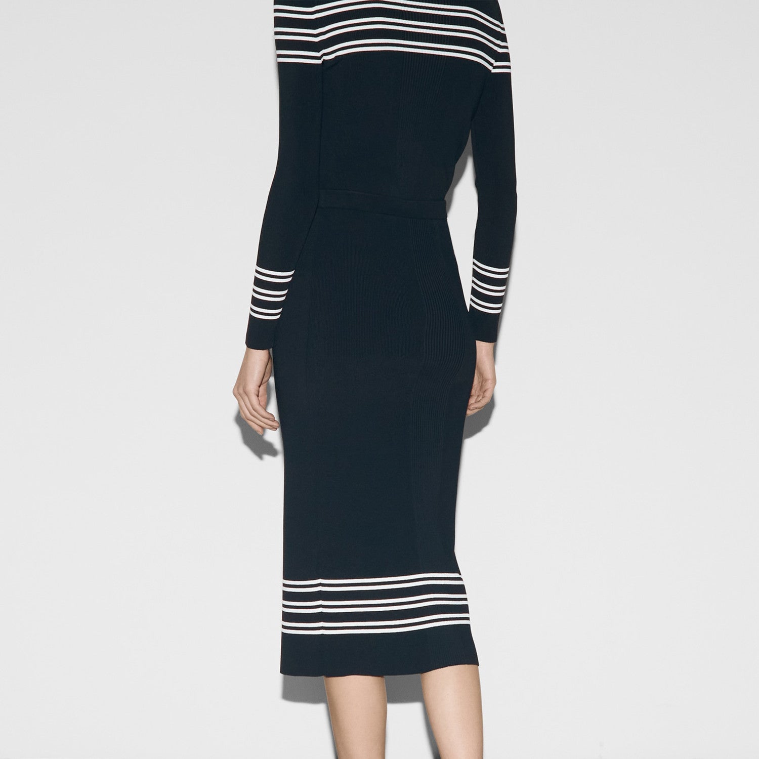 Women's Spring And Autumn Blue Striped Stretch Ribbed Knit Button Sweater Long Slim Half-body Skirt Temperament Suit Set #71349