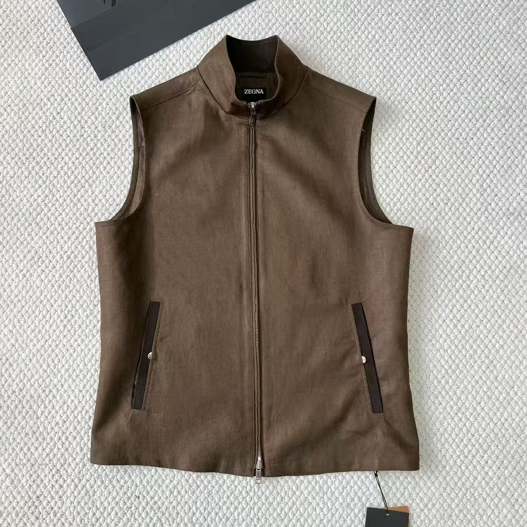 Ermenegildo Zegna Men's Spring And Autumn Solid Color Standing Collar Zipper Fit Sleeveless Vest Jacket Ngvp #1168