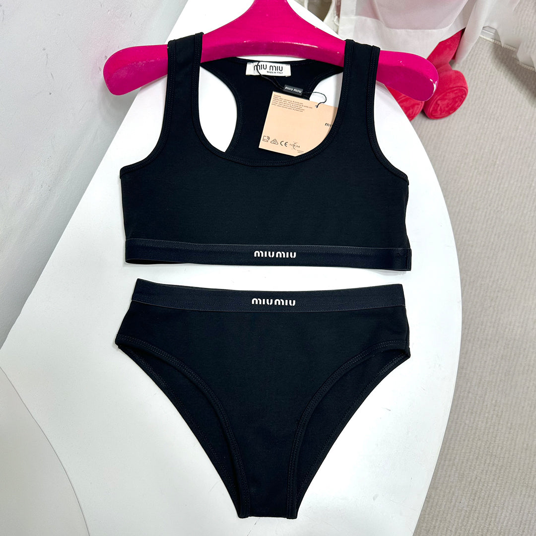 Women's Logo Jacquard Knit Sports Tank Top Cotton Solid Color Swimsuit Triangle Panty Set Suit #81189