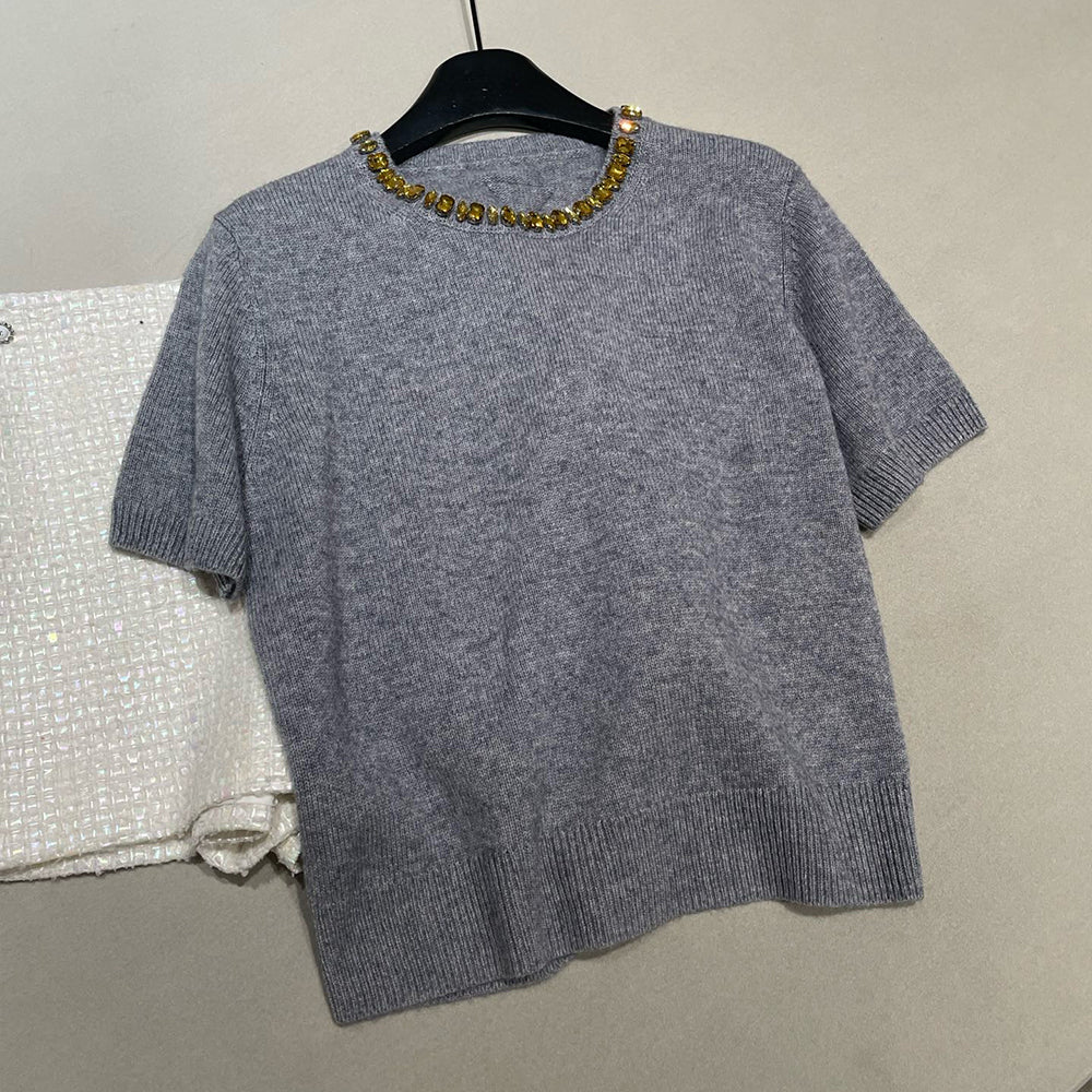 Women's 2026 New Collection Crystal Embellished Crew Neck Cashmere Knitted Short-Sleeve T-shirt