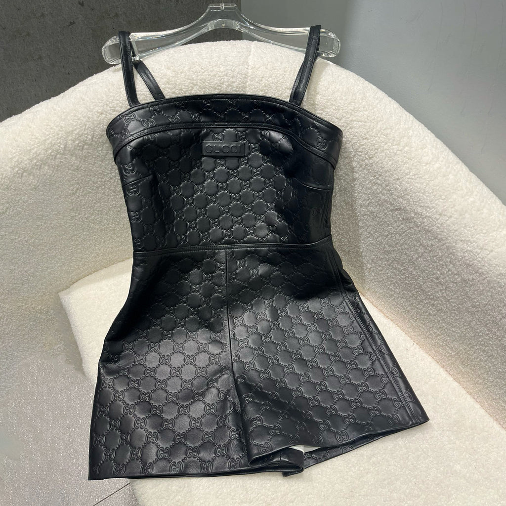 Women's Spring/Summer Alphabet Embossed Printed Solid Color Leather Halter Jumpsuit #75151