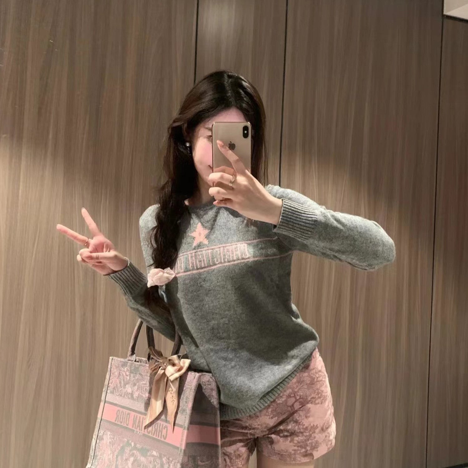 Women's Autumn And Winter Jacquard Knit Sweater Gray Pink 100% Cashmere Fabric With Logo Round Neck Long Sleeve Pullover Knitted Sweater #71784