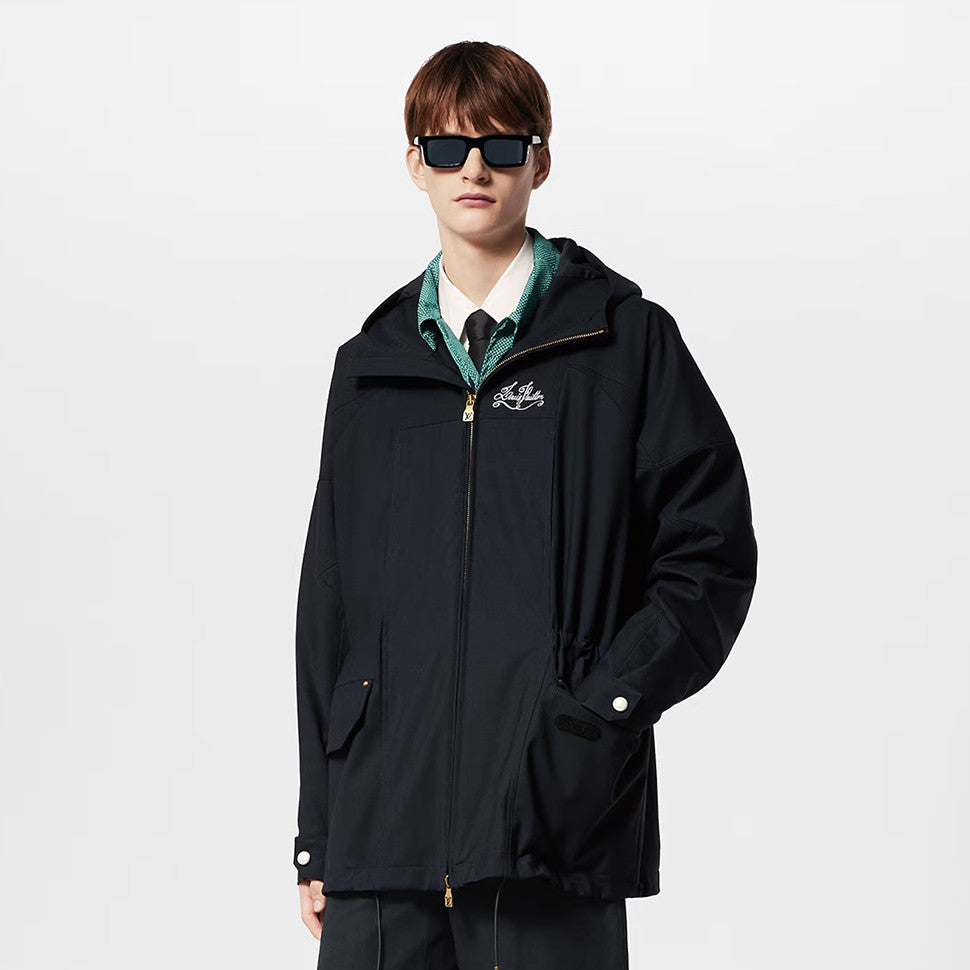 Men's Solid Logo Embroidered Hooded Zipper Blue Long Sleeve Fitted Parker Jacket Coat #71458