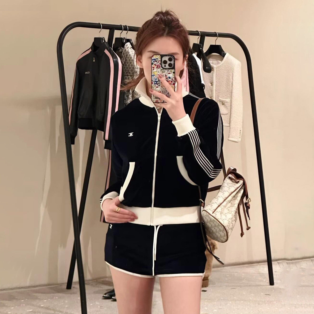 Women's Spring and Autumn Navy Blue Stripe Printed Zipper Plain Knit Jacket Lace-Up Lounge Pants Set Suit #72867