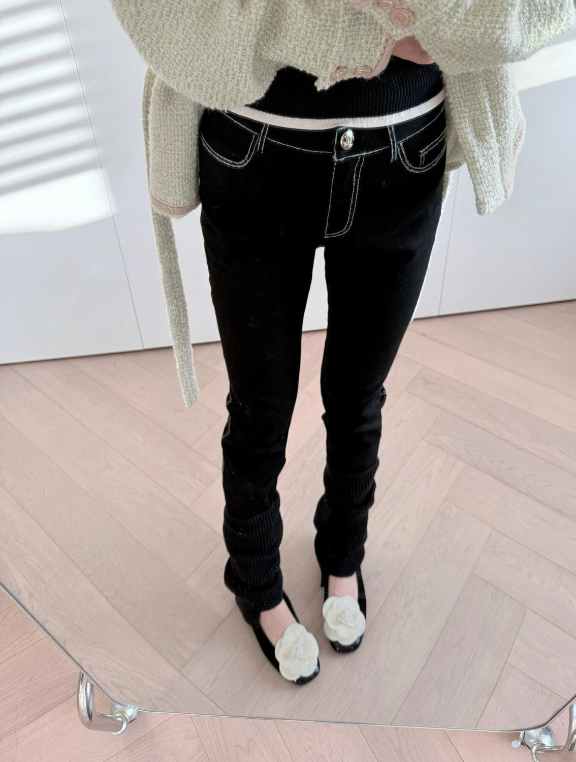 Women's Autumn and Winter Solid Color White Line Casual Jeans Pants #74131