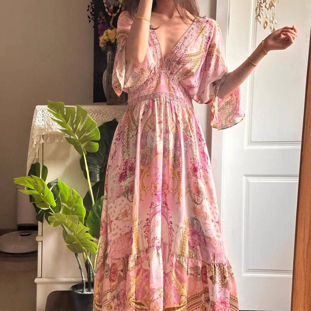 Camilla Women's Summer Fashion Pink Flower Silk Print Bohemian Diamond Slim V-neck Long Sleeve Dresses Ngvp #8783