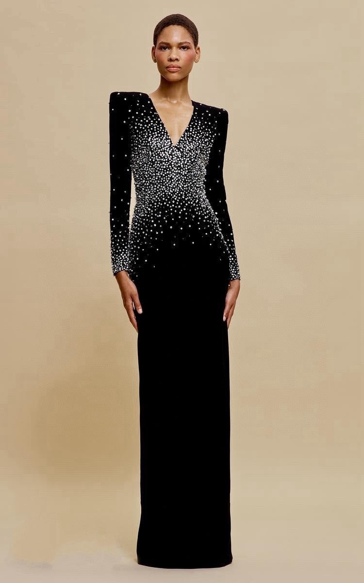 Women's Spring And Autumn Sexy V-neck Fashion Hot Drilling Velvet Long Sleeve Solid Color Dresses Ngvp #1138