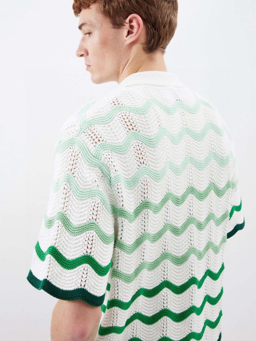 Men's Summer Wave Stripe Single Breasted Knit Short Sleeve Shirt Cotton Shorts Pants Suit Set #98831