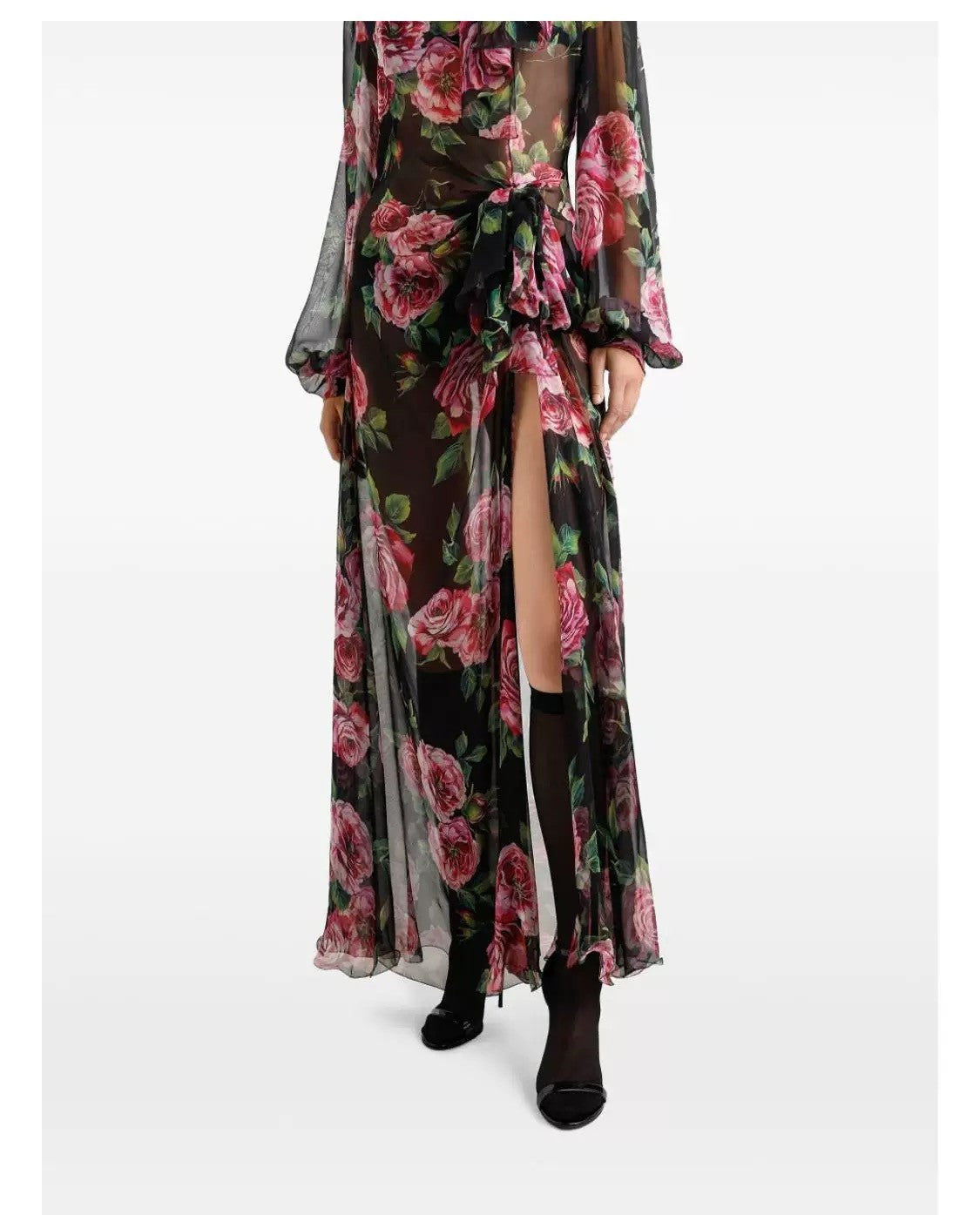 Women's Summer Floral Printed Half High Neck Tie Mid-Length Silk Long Sleeve Dresses Ngvp #9996