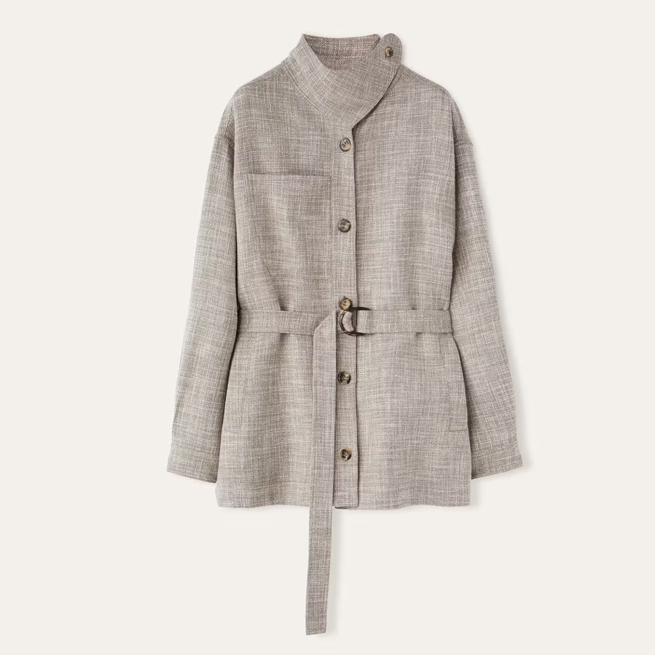 Women's Spring And Autumn Solid Color Standing Collar Single-Breasted Belt Wool Blend Ardian Jacket Casual High-Waisted Lien Pants Ngvp #9161