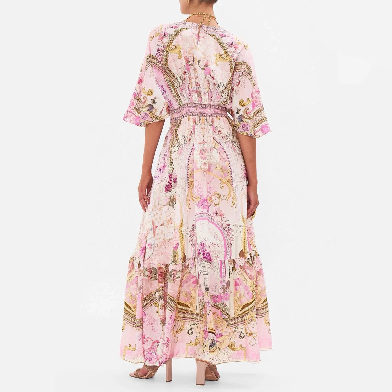 Camilla Women's Summer Fashion Pink Flower Silk Print Bohemian Diamond Slim V-neck Long Sleeve Dresses Ngvp #8783