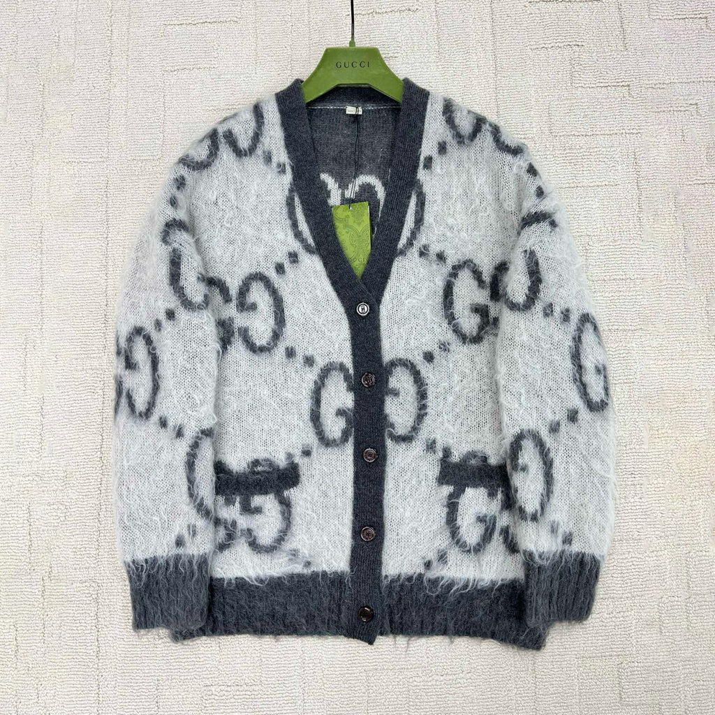 Men's And Women's Fall/Winter Fashion Casual V-Neck Single Button Logo Classic Print Mohair Knit Cardigan #79418