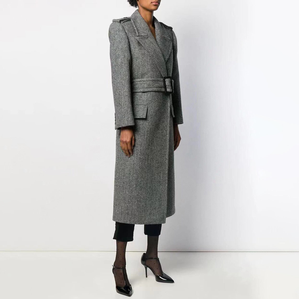 Women's Autumn And Winter Grey Lapel Drawstring Wool Long Long Sleeved Coat Jacket #99153