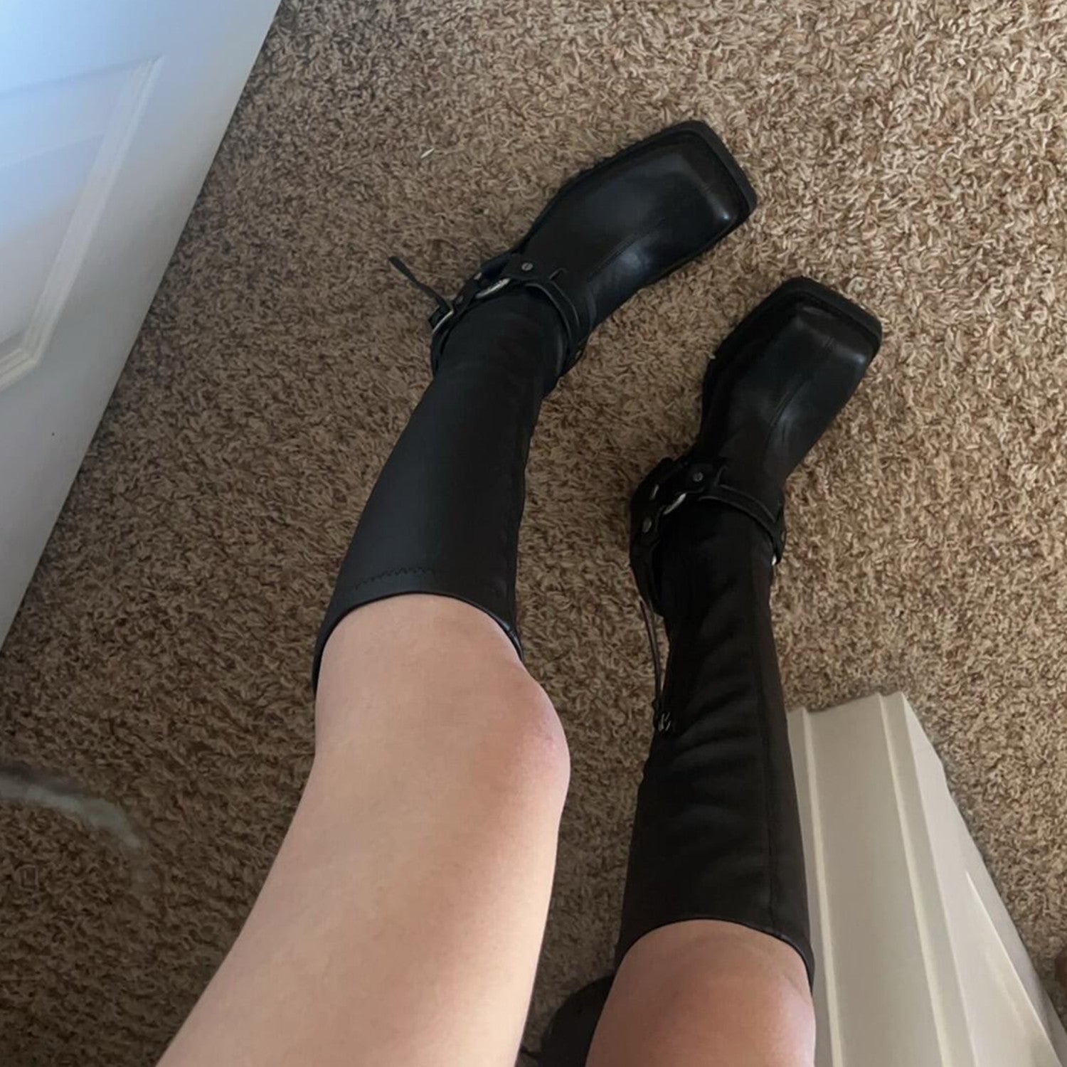 Acne Studios Women's Square Head Round Buckle Biker Boots Shoes Cowhide High Heel Elastic New Thick Heel Thick Bottom Knight Boots Long Tube Skinny Boots Ngvp #9856