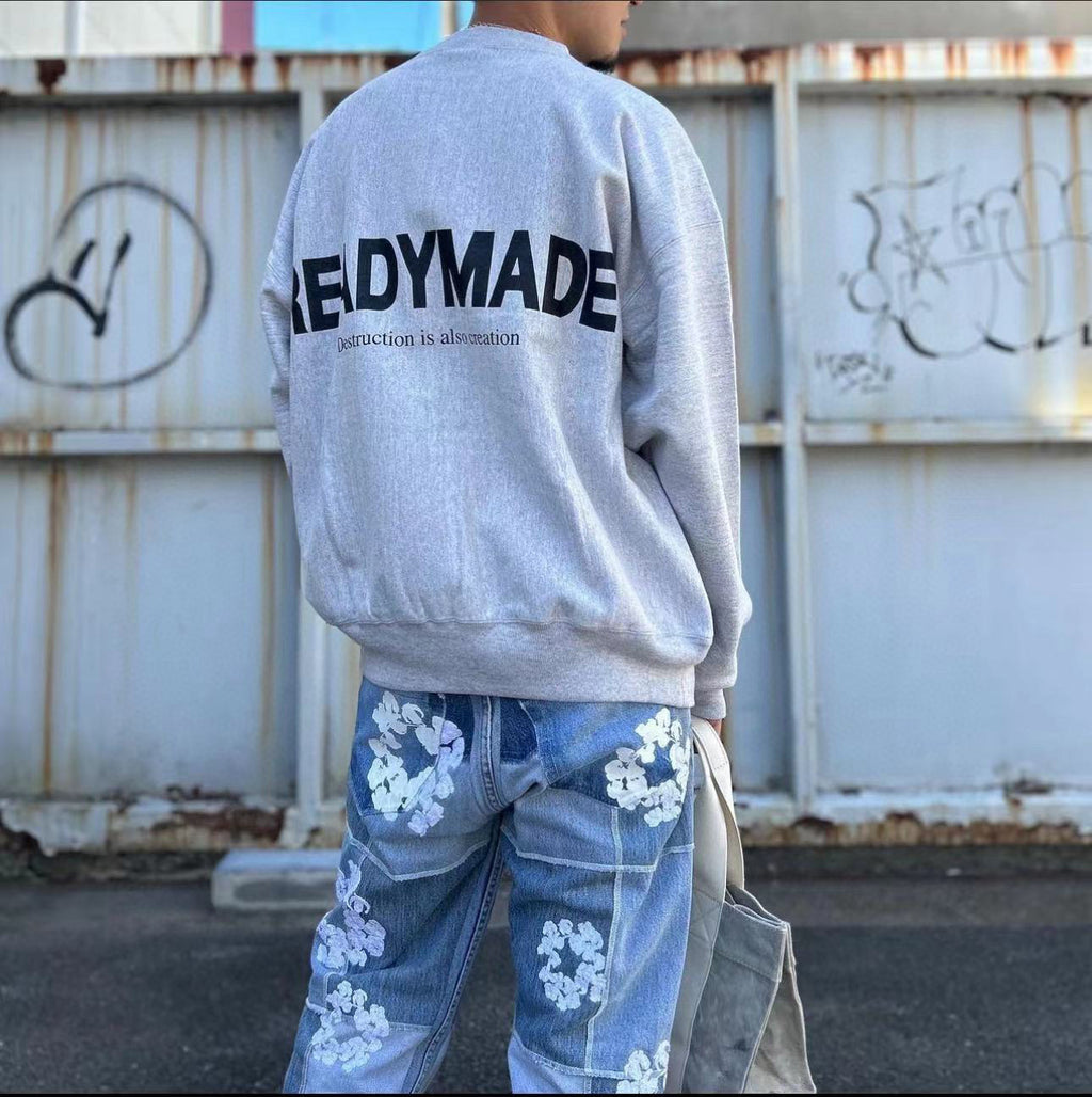 Denim Tears x Readymade Men's Women's Washed And Aged Floral Embroidery Patchwork Fitted Wide Leg Blue Denim Pants Ngvp #8138