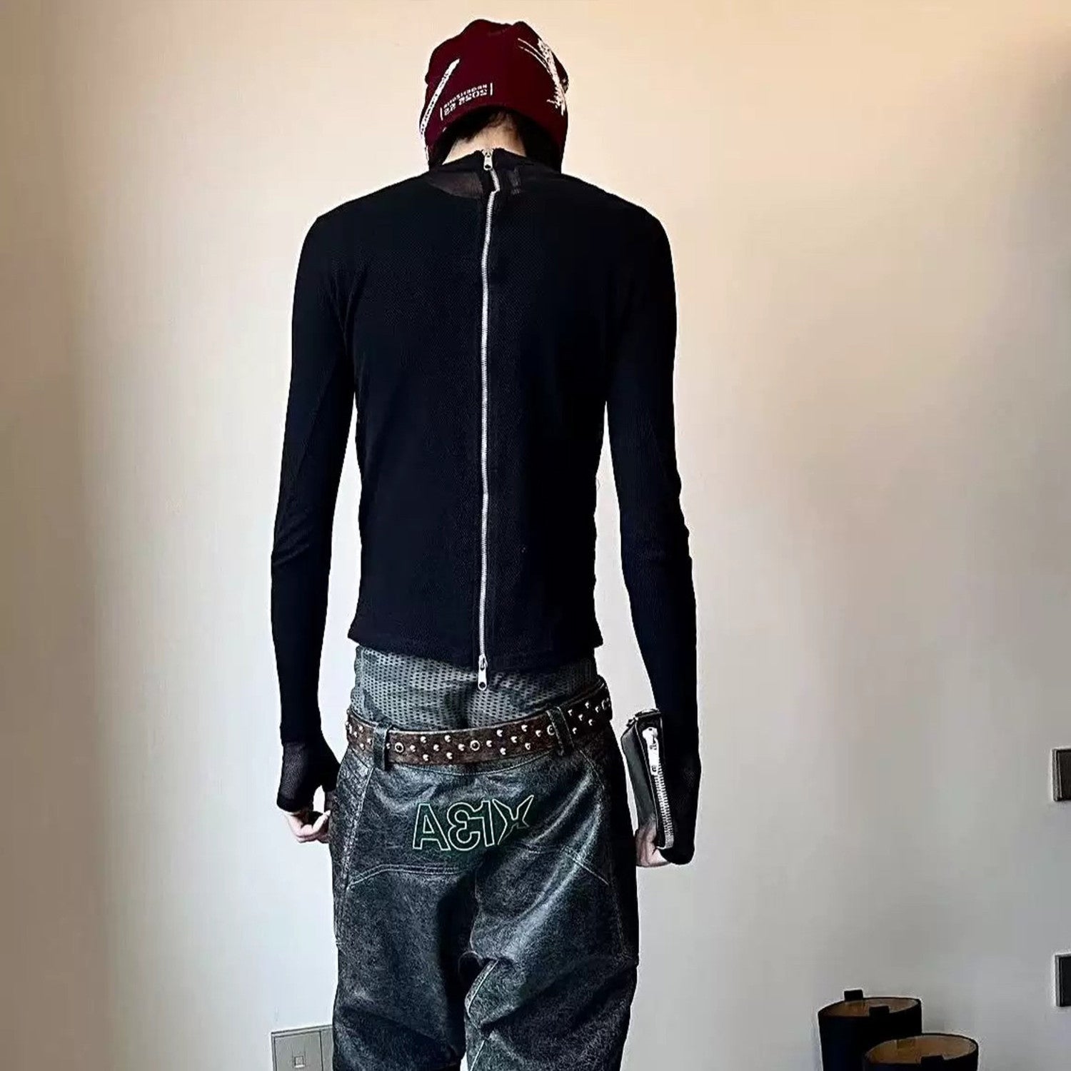 HOOD BY AIR Mesh Zipper Thumbtack Bottom Tight Stretch Long Sleeve Tee Opium Style Tee High Street Retro Trend Fashion Zipper Cardigan Ngvp #1749