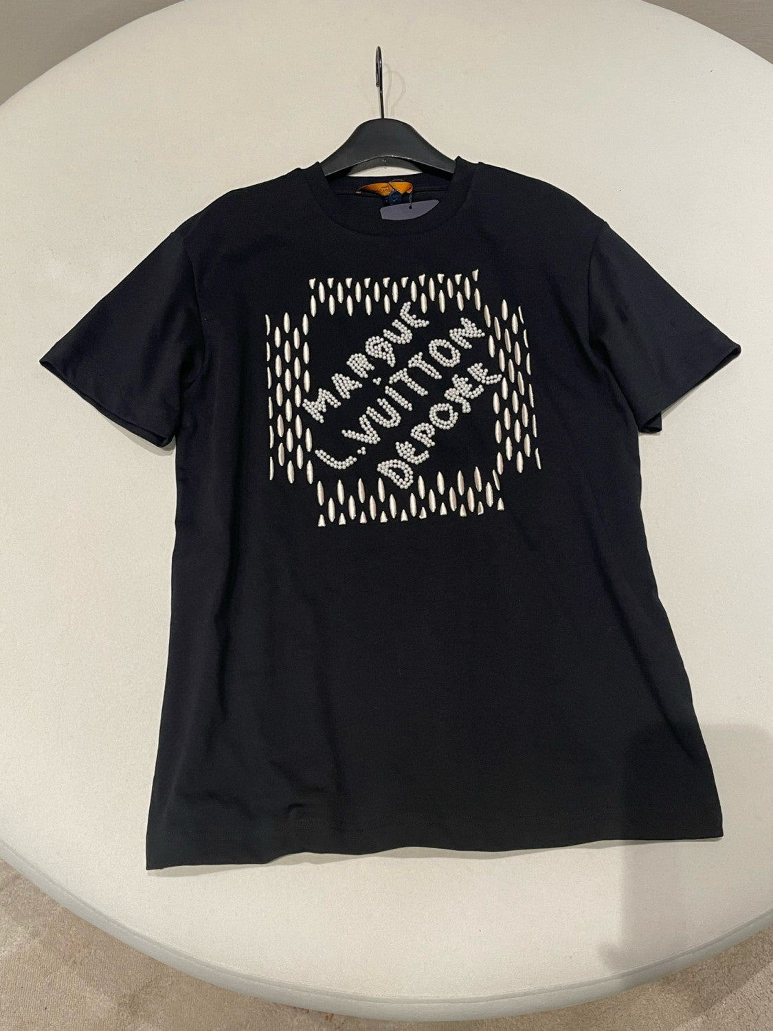 Men's Women's Spring And Summer Pearl Decoration Embroidery Black Casual Temperament Round Neck Short Sleeve Body Shirt #98525