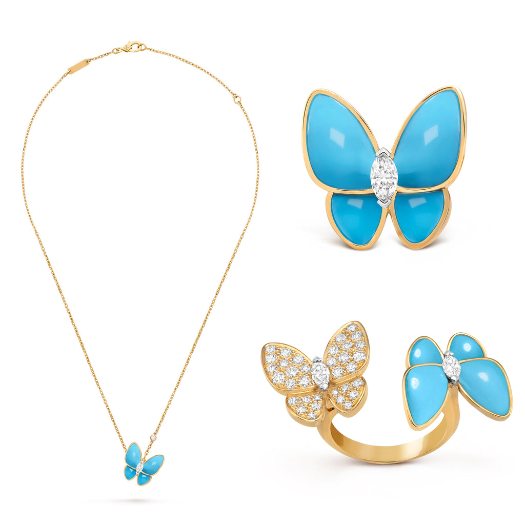 Women's Exquisite And Elegant V-Gold Material Two Butterfly Finger Ring. Pendant Necklace. Earring Set Accessories #71634
