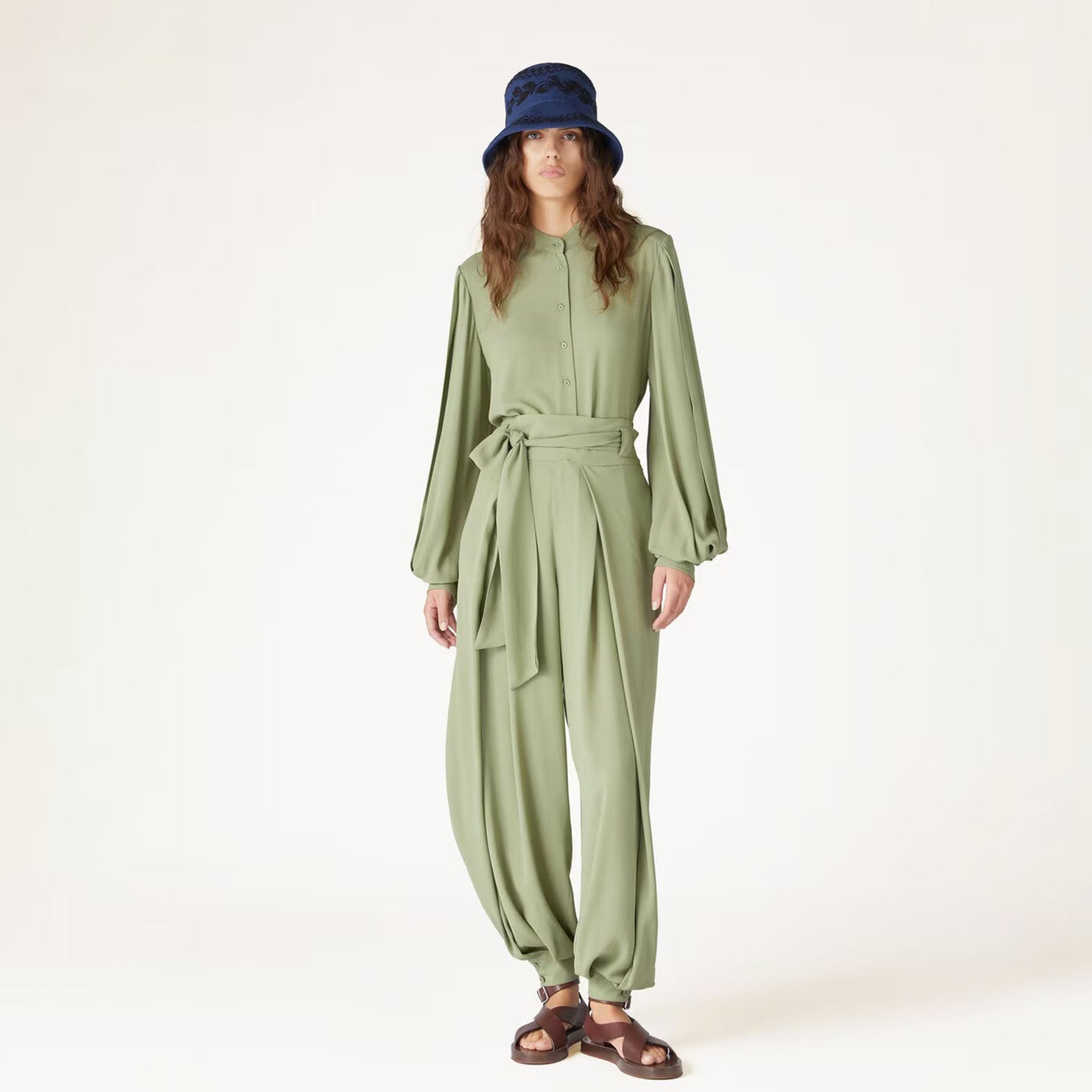 Women's Spring Summer Autumn Solid Color Single Breasted Silk Sheryl Shirt Casual Tie Pleated Gralan Pants Suit Set Ngvp #8742