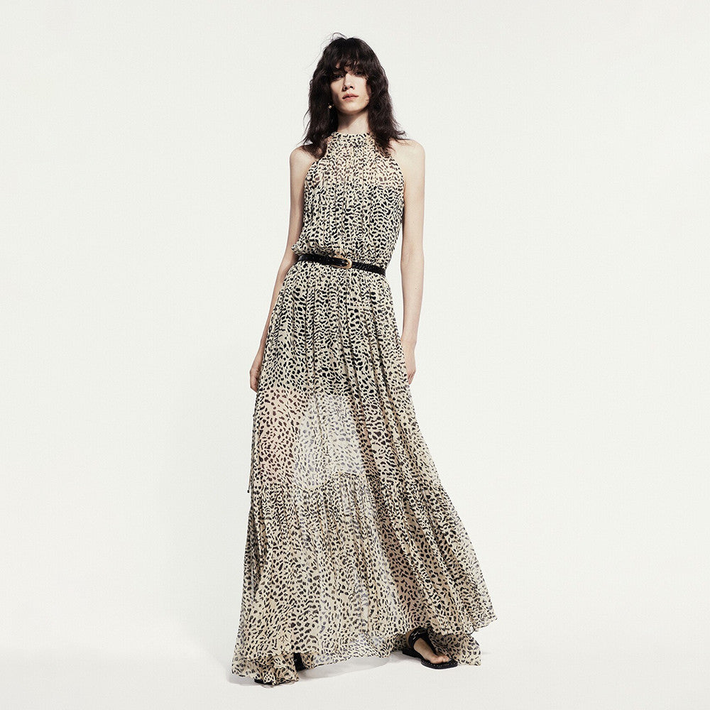 Women's Summer Round Neck Pullover Silk Fit Sleeveless Leopard Print Long Dresses #71631