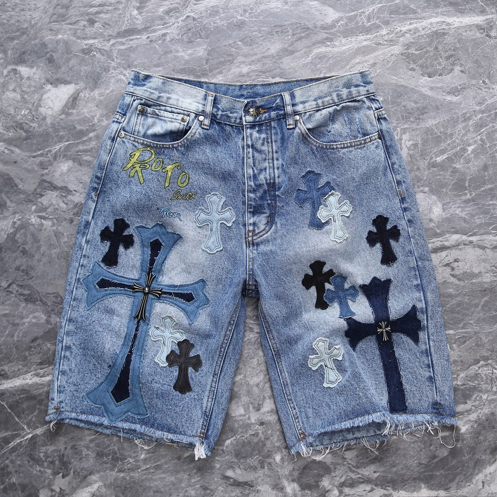Men's Summer Cross Embroidered Straight Casual Solid Color Washed Denim Shorts #72326