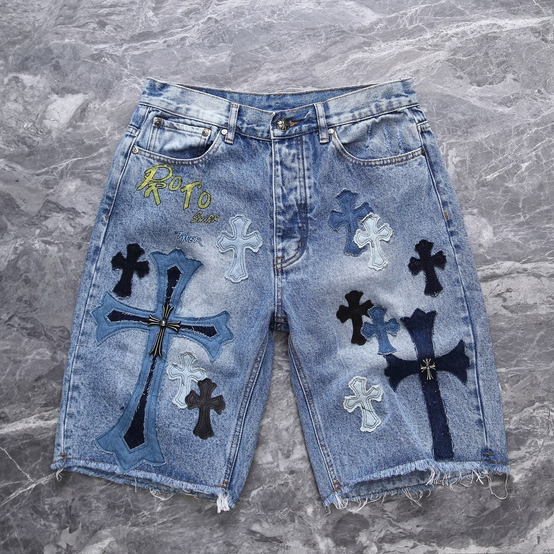 Men's Summer Cross Embroidered Straight Casual Solid Color Washed Denim Shorts #72326